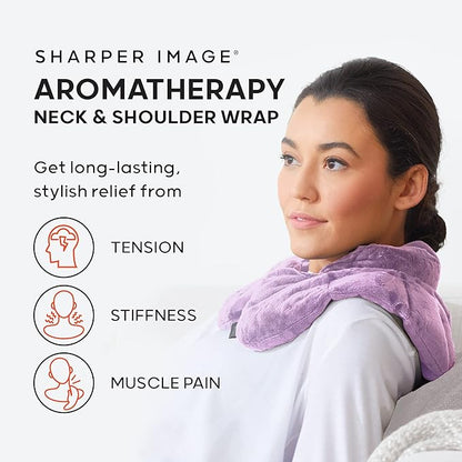 Sharper Image Heated Neck & Shoulder Wrap - Microwavable Warm & Cooling Plush Pad, Scented Aromatherapy (100% Natural Lavender & Herb Spa Blend), Pain Tension Headache Relief Therapy, Gift for Women