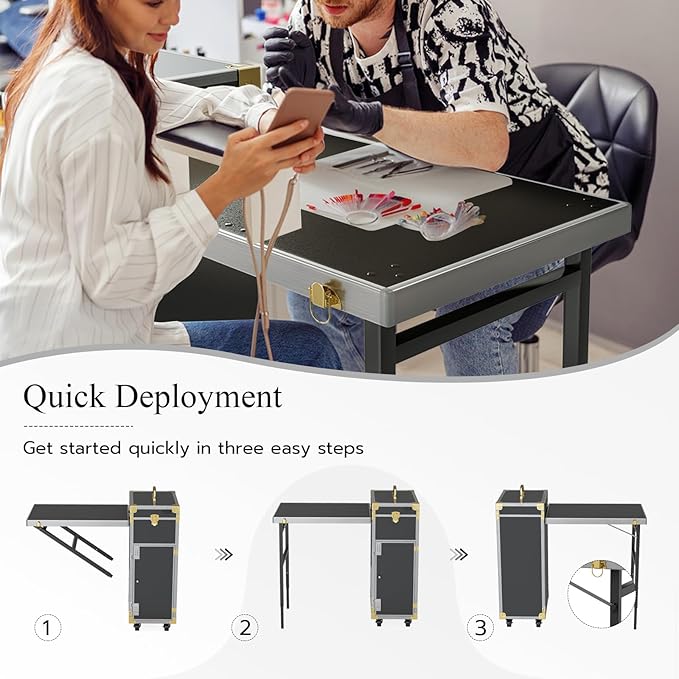 Icoget Portable Rolling Manicure Table for Nail Teach, Foldable Traveling Nail Desk w/Storage, Mobile Nail Table w/Audio and Mirror, Makeup Train Case Cosmetic Trolley, Black