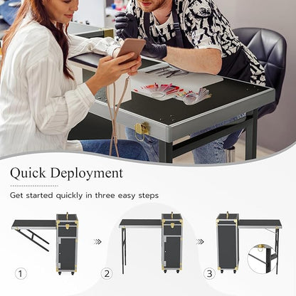 Icoget Portable Rolling Manicure Table for Nail Teach, Foldable Traveling Nail Desk w/Storage, Mobile Nail Table w/Audio and Mirror, Makeup Train Case Cosmetic Trolley, Black