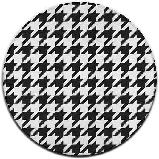 Large Machine Washable Circular Rugs, Home Decor Round Mat for Living Room Sofa Office Compatible with Black and White Houndstooth