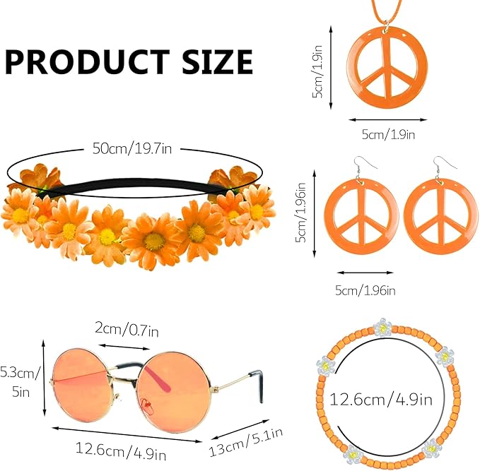 Hippie Costume Accessories Set Peace Sign Necklace Sunglasses Flower Headband Earrings for 60s 70s Outfit Party Women