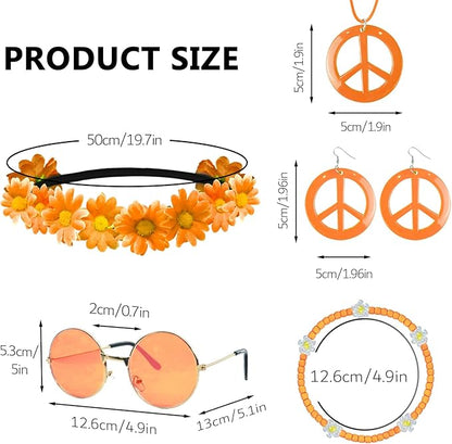 Hippie Costume Accessories Set Peace Sign Necklace Sunglasses Flower Headband Earrings for 60s 70s Outfit Party Women