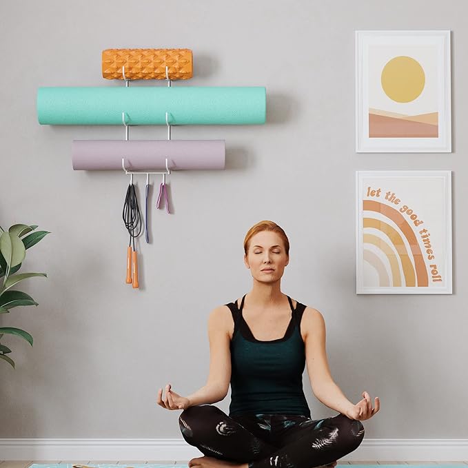 Wallniture Guru Yoga Mat Holder Wall Mount with 3 Hooks for Hanging Yoga Strap, Resistance Bands, 5-Sectional Metal