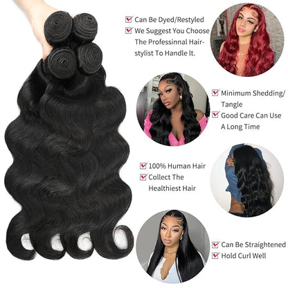 12A Body Wave 4 Bundles With 5x5 Closure (16 18 20 22 +14 Inch) Body Wave Bundles with Closure Human Hair 100% Unprocessed Brazilian Virgin Quick Weave Bundles Human Hair Natural Black