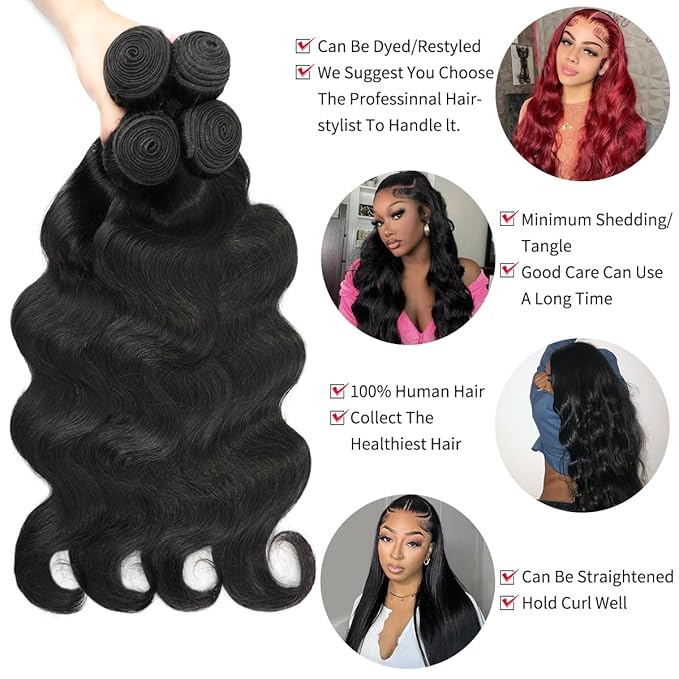 12A Human Hair Bundles 14 16 18 20 Inch Body Wave Bundles Human Hair 100% Unprocessed Brazilian Virgin Hair 4 Bundles Deals Human Hair Extensions Quick Weave Natural Black