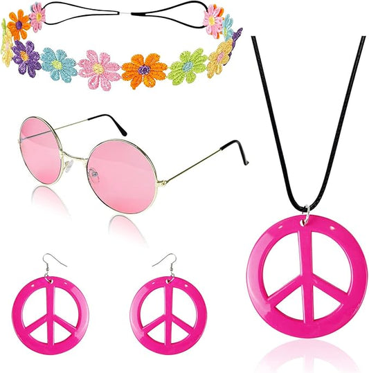 HyperFun Hippie Costume Set Includes Peace Sign Necklace and Earrings, Flower Crown Headband and Colored Hippie Sunglasses