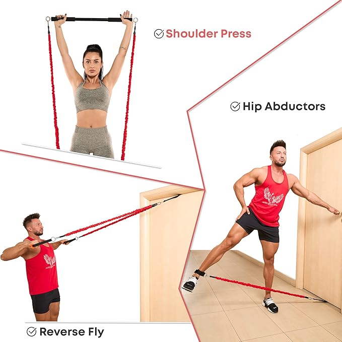 Resistance Band Bar for Fitness - Workout for Exercise, Squat, Biceps, Triceps, Shoulders, Back - Adjustable 3 Parts for Resistance Bands - Durable Portable Steel Pilates Bar