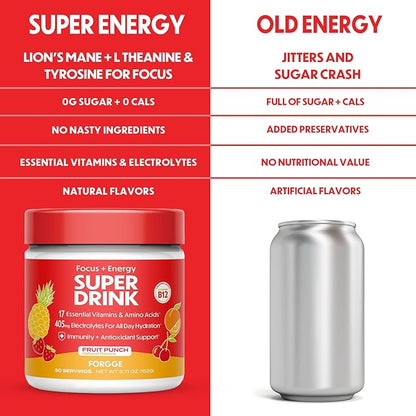 Forgge Healthy Energy Drink Powder Mix - Clean Caffeine + B12, B6, C & D Vitamins - Sugar Free Energy Drink Powder with Electrolytes, Amino Acids, Antioxidants, Lions Mane - Vegan, Keto-Friendly - 30 SVG, Fruit Punch