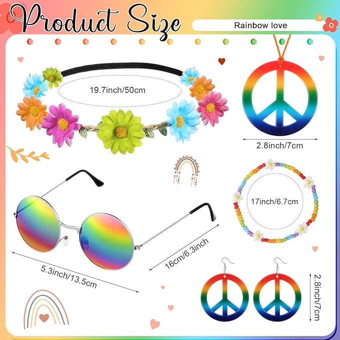 Batiyeer 6 Pcs Hippie Costume Accessories Set, Boho Peace Sign Daisy Flower 60s 70s Party Favors Decor for Groovy Party Women