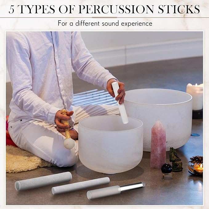 Nuanchu 5 Pcs Crystal Singing Bowl Mallet Set Includes Sheepskin Solid and Hollow Sound Sticks Singing Bowl Rubber Mallet with Wood Handle Clear Acrylic Striker for Playing(Silver)