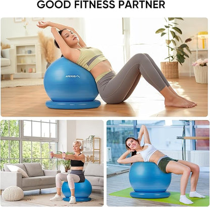 APEXUP Yoga Ball Chair, Exercise Ball Chair with Base for Office, Anti Slip Stability Ball Fitness Ball Seat, Home Gym Workout Ball, Balance Ball with Pump (Blue, L)