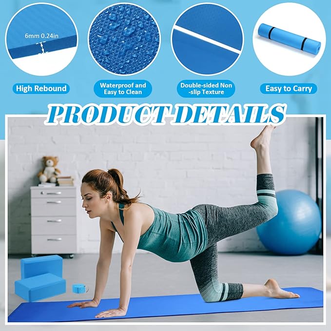 10 Pcs Yoga Starter Kit Include Yoga Mat with Carry Strap, 2 Yoga Blocks, Yoga Strap, Yoga Pilates Ball, 5 Resistance Bands with Air Pump Yoga Mat Set and Kit for Beginners Women and Men