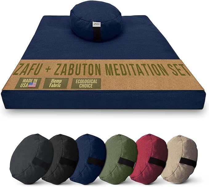 Meditation Cushion Mat Set HEMP - Round Zafu Floor Pillow Organic Buckwheat Pillow + Cotton Filled Zabuton Prayer Pad - Meditation Pillow Yoga Knee Pad - Made in USA - 14" Round, BLUEBERRY Hemp