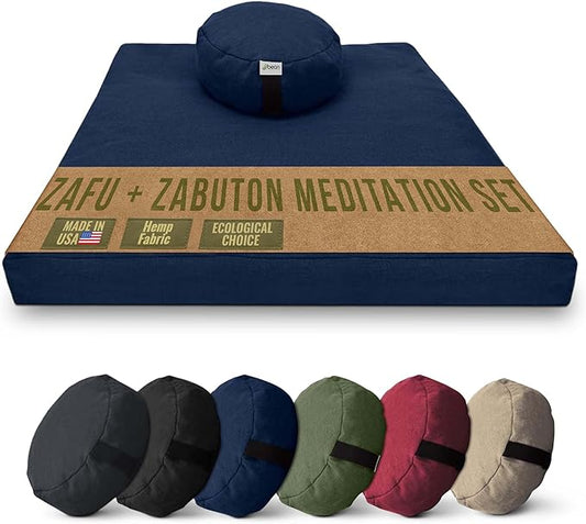 Meditation Cushion Mat Set HEMP - Round Zafu Floor Pillow Organic Buckwheat Pillow + Cotton Filled Zabuton Prayer Pad - Meditation Pillow Yoga Knee Pad - Made in USA - 14" Round, BLUEBERRY Hemp