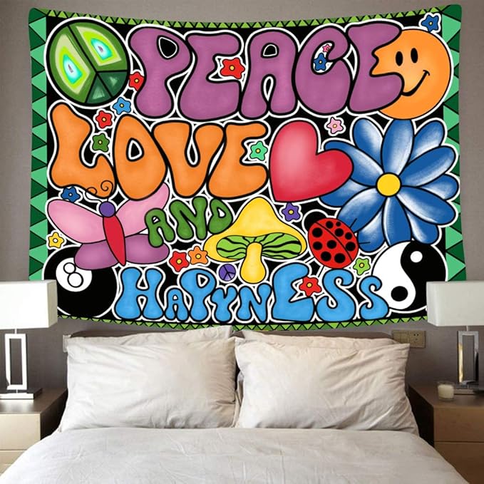 F-FUN SOUL Peace Love and Happiness Tapestry, 60x40inches Soft Flannel, 70s Theme Party Tapestries Hippie Aesthetic Tapestry Wall Hanging for Bedroom Living Room Decor GTZYFS915