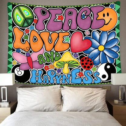 F-FUN SOUL Peace Love and Happiness Tapestry, 60x40inches Soft Flannel, 70s Theme Party Tapestries Hippie Aesthetic Tapestry Wall Hanging for Bedroom Living Room Decor GTZYFS915