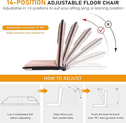 Floor Chair with Back Support 14-Position Adjustable Floor Chair Portable Ground Seating for Adults & Kids Foldable Meditation Seat with Japanese KOYO Bearings & Washable Linen Cover (Coffee)