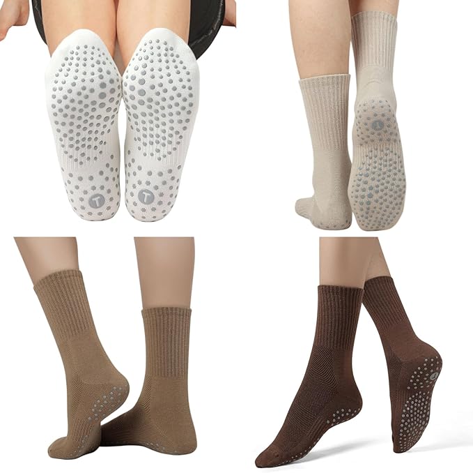Toes Home Pilates Socks for Women with Non Slip Grippers, Yoga Crew Socks for Barre Hospital Sticky Slipper Socks 4 Pairs