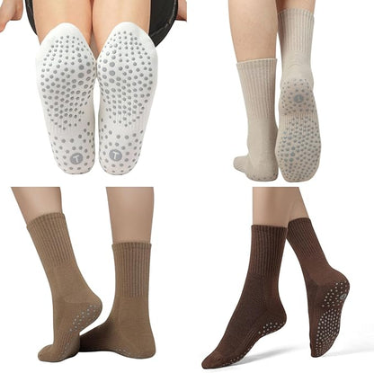 Toes Home Pilates Socks for Women with Non Slip Grippers, Yoga Crew Socks for Barre Hospital Sticky Slipper Socks 4 Pairs
