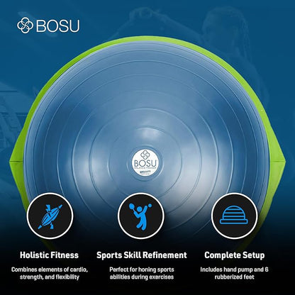 Bosu Balance Ball Exercise Trainer, Home Gym Equipment w/ Guided Workouts & Pump, 26", Blue - Inflatable Fitness Platform for Strength Training, Standing, Balancing, and Core Workout