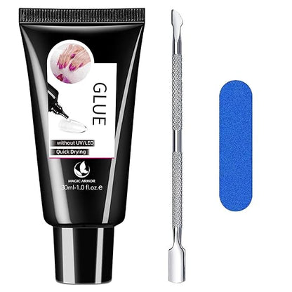 30g Semi Solid Nail Glue for Press On Nail, No UV Lamp Need Gel Nail Glue with Cuticle Pusher and Nail File, Quick Drying Gel Long Lasting for Fake Acrylic Nails
