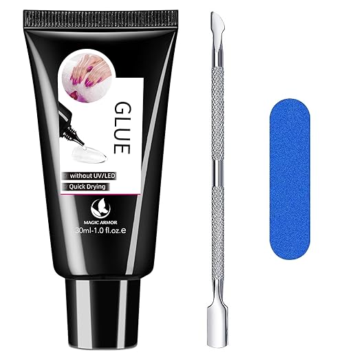 30g Semi Solid Nail Glue for Press On Nail, No UV Lamp Need Gel Nail Glue with Cuticle Pusher and Nail File, Quick Drying Gel Long Lasting for Fake Acrylic Nails