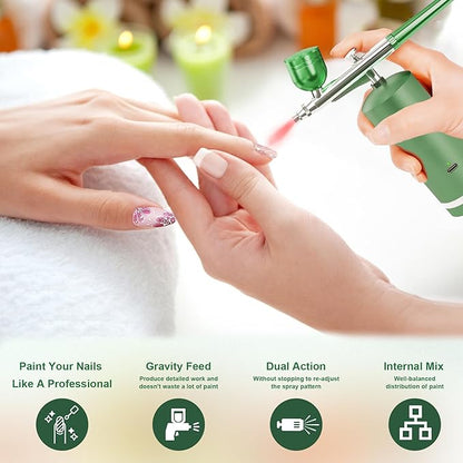 Airbrush Kit With Compressor - 48PSI Rechargeable Cordless Non-Clogging High-Pressure Air Brush Set with 0.3mm Nozzle and Cleaning Brush Set for Nail Art, Makeup, Painting, Cake Decor (Green)