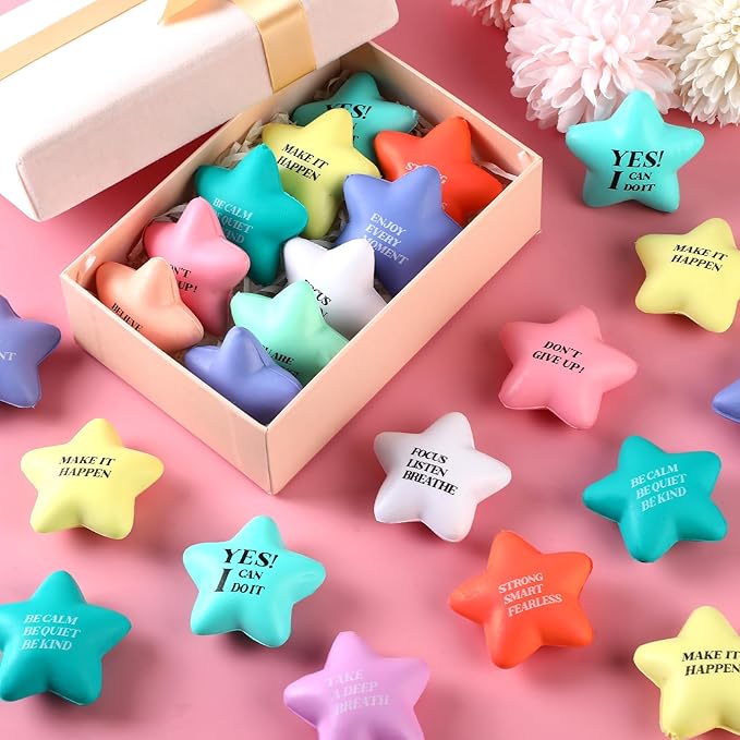 Sotiff 100 Pack Star Stress Balls Bulk Stress Relief Balls with Motivational Quotes Mini Inspirational Foam Party Favors Gifts for Kids Adults Anger Fidget Relief Exercise(Cute Colors)