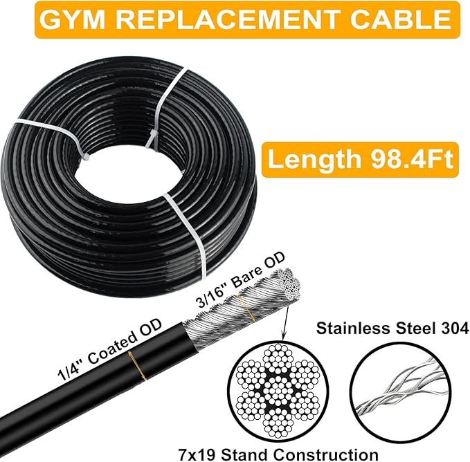 32.8Ft/98.4Ft Fitness Pulley Cable, Gym Steel Cable for DIY Home Gym, Gym Cable Replacement for Pulley Cable Machine,TPU Coated,Thick 1/4"(6mm)