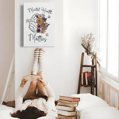 APJYM Mental Health Matters Flower Brain Canvas Wall Art - Therapist Office Decor, School Counselor Posters - 16x24 Inches