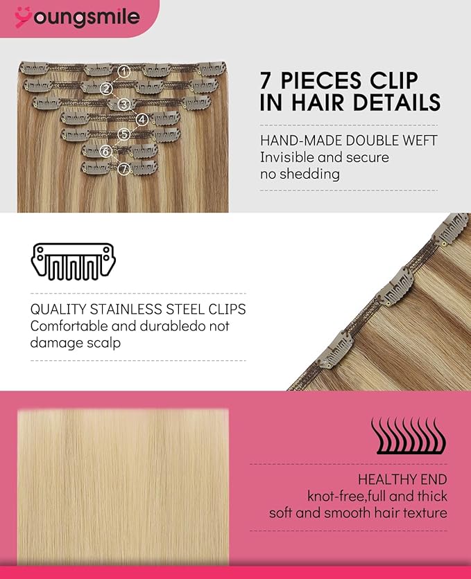 Youngsmile Clip in Hair Extensions Human Hair, Human Hair Extensions Clip in,Golden Brown Fading to Dark Golden Blonde, Full Head, 18 Inch 160 Gram 7Pcs/Set (7C#10/27/27-18Inch)