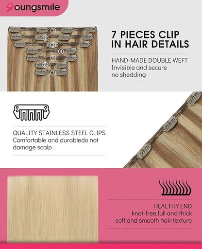 Youngsmile Human Hair Clip in Extensions, Human Hair Extensions Clip in For Women,#10/27/27 Color Golden Blonde with Bleach Blonde 20 Inch 160g 7PCS Double Drawn (7C#10/27/27-20inch)
