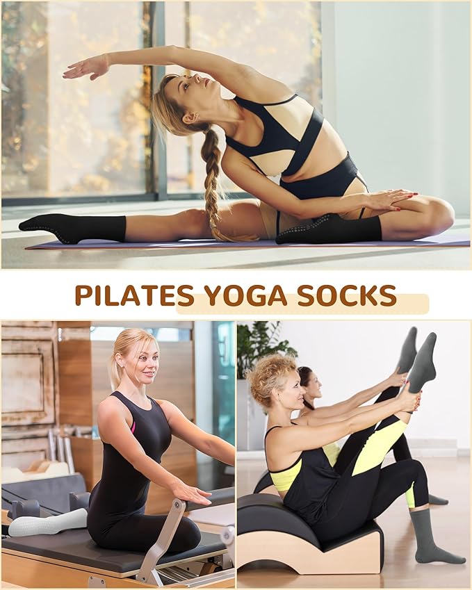 Justay 6 Pairs Pilates Socks with Grips for Women Soft Non Slip Crew Cotton Athletic Workout Barre Hospital Yoga Socks