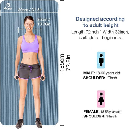Yoga Mat Non Slip NBR Thick Yoga Mat, 72"L x 32"/24"W x 0.6"/0.4"TH (185cm x 80cm/61cm x 15mm/10mm), Anti-Tear Exercise Mat with Carrying Strap and Bag, Workout Mats for Yoga, Pilates, Floor Exercises