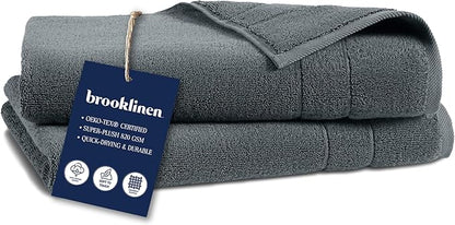 Brooklinen Super-Plush Turkish Cotton Hand Towels Set of 2 Cotton, 820 GSM, Highly Absorbent, Machine Washable, Perfect for Home & Bathroom (20"x30", Slate Grey)
