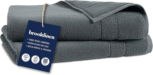 Brooklinen Super-Plush Turkish Cotton Hand Towels Set of 2 Cotton, 820 GSM, Highly Absorbent, Machine Washable, Perfect for Home & Bathroom (20"x30", Slate Grey)