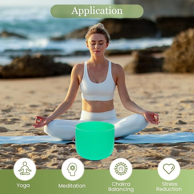 432HZ 8 Inchs F Note Green Frosted Crystal Singing Bowl for Meditation Healing Yoga Chakra Quartz Crystal Sound Bowls with Heavy Duty Carry Case and Rubber Mallet,Suede Striker,O-rings