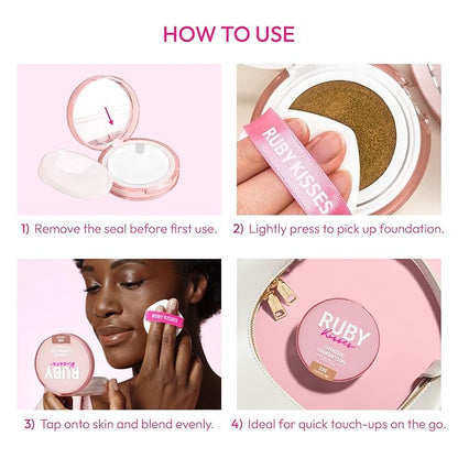 Ruby Kisses Cushion Foundation, Full Coverage Korean Makeup, Lightweight & Long Lasting, All Day Natural Glowy Finish for All Skin Types with Hyaluronic Acid & Bakuchiol (Cognac, 0.52 Ounce)
