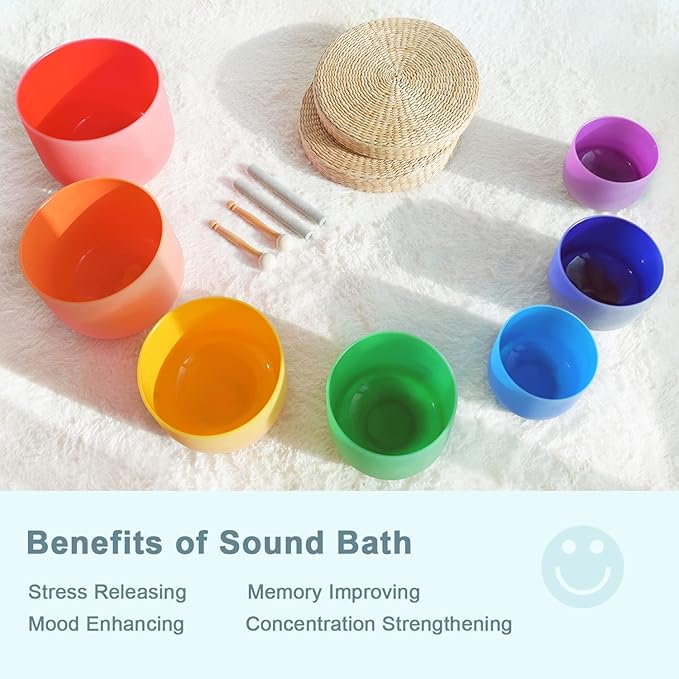 432HZ 6''-12'' Set of 7 Colored Crystal Singing Bowl Set Crystal Sound Healing Frosted Chakra Quartz bowls with 2 Case Bags and Rubber Mallets