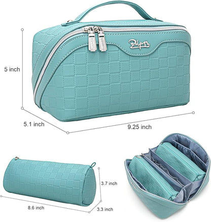 BOYATU Travel Makeup Bag Organizer Cosmetic Bag: 3 Pcs Set Make up Bags for Women with Handle - Waterproof Vegan Leather Toiletry Bags Travel Essentials Pouch with Compartments (C-02-Blue)
