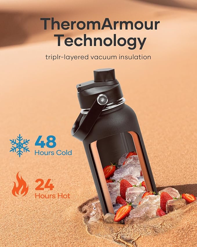 BUZIO 40oz Insulated Water Bottle, Stainless Steel Water Flask with Straw Lid and carrying pouch, Keep Cold 48h Leak Proof Double Wall Vacuum Travel Mug Metal Canteen for Gym Camp Beach, Black