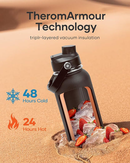 BUZIO 40oz Insulated Water Bottle, Stainless Steel Water Flask with Straw Lid and carrying pouch, Keep Cold 48h Leak Proof Double Wall Vacuum Travel Mug Metal Canteen for Gym Camp Beach, Black