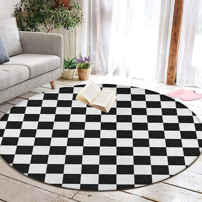Large Machine Washable Circular Rugs, Home Decor Round Mat for Living Room Sofa Office Compatible with Black and White Checkered