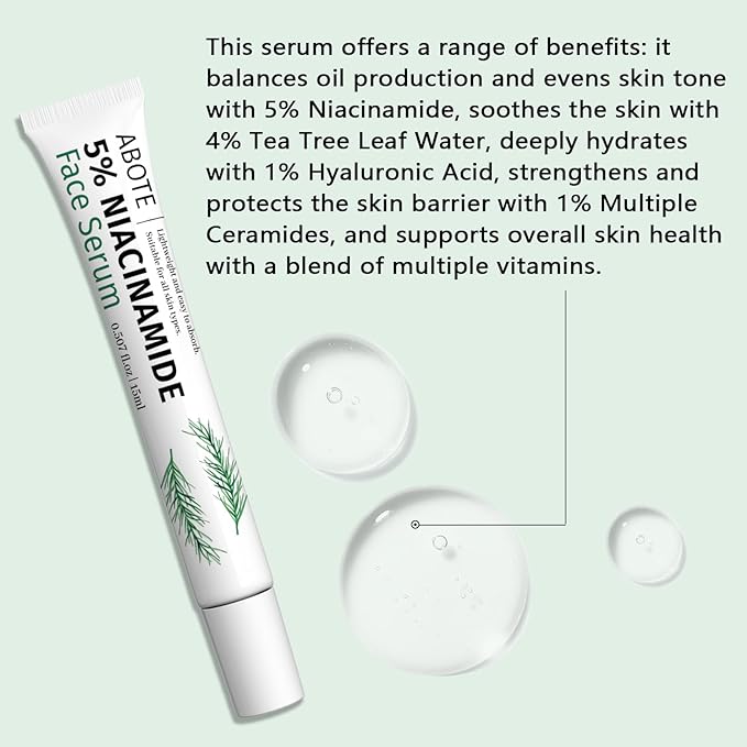 Travel Skincare 5% Niacinamide Serum with 4% Tea Tree Extracts | 1% Ceramide Complex | Deep Hydration | Regulates Sebum | Soothes Skin (3 Pack 0.507 fl.oz | 15ml)