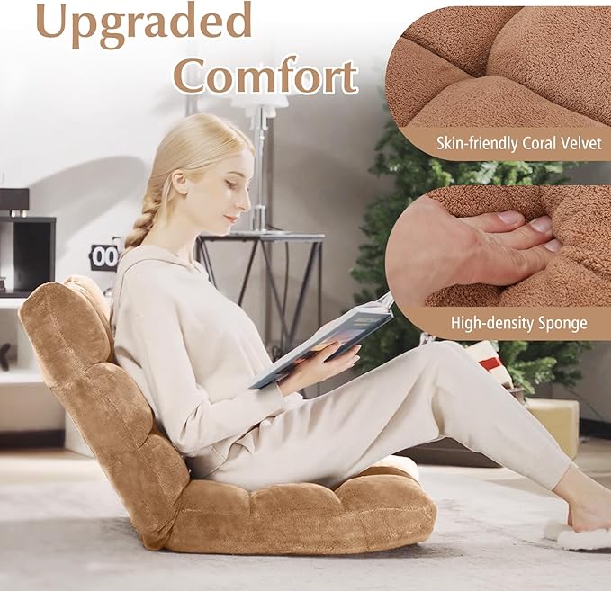 RELAX4LIFE Floor Chair with Back Support - 14-Position Adjustable Lazy Sofa Chair, Padded Sleeper Bed & Couch Recliner for Reading Meditation, Folding Floor Gaming Chair for Adults (Tan)
