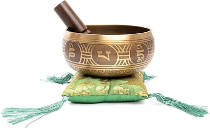 Tibetan Singing Bowl Set - Easy To Play Authentic Handcrafted For Meditation Sound Bowl Chakra Yoga Healing 4 Inches By Himalayan Bazaar (Gold & Green)