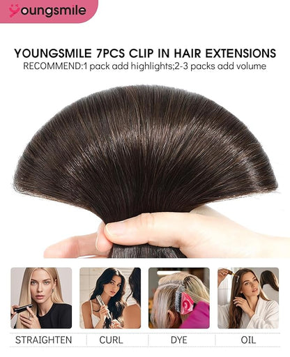 Youngsmile Clip in Hair Extensions Real Human Hair, Color 2 Dark Brown, 7pcs 140g 18 Inch, Silk Straight Thick End Remy Human Hair Extensions Clip in(7C#2-18Inch)