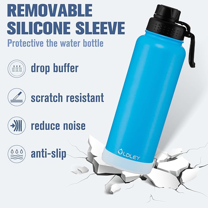 OLDLEY 40 oz Insulated Water Bottle With Straw, Stainless Steel Sports Water Cup Flask with 3 Lids(Straw, Spout and Handle Lid) Double Walled Travel Thermal Canteen Mug,Sky Blue