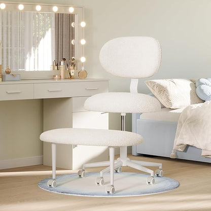 Ergonomic Cross Legged Office Chair with Wheels, ADHD Chair for Adults, Meditation Chair, Yoga Office Chair, Comfortable Back Support, Height Adjustable,Small Spaces, Teddy Fabric, White