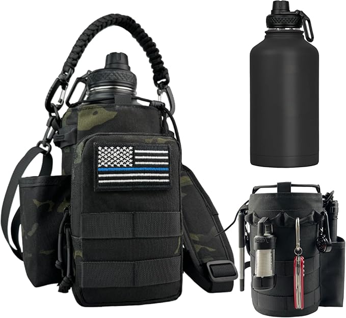 Half Gallon Water Bottle Insulated with Sleeve-64 oz Stainless Steel Water Jug with MOLLE Pouch for Gym Workout Hiking Black Camo